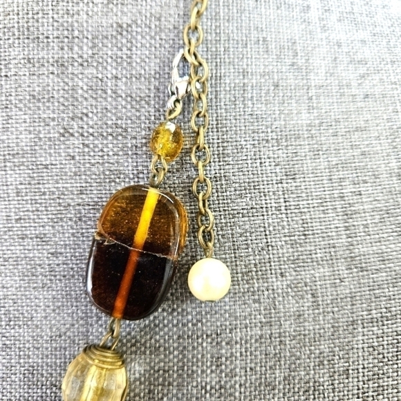VINTAGE Amber Glass & Faux Pearl Double Strand Chunky Necklace - Picture 5 of 5